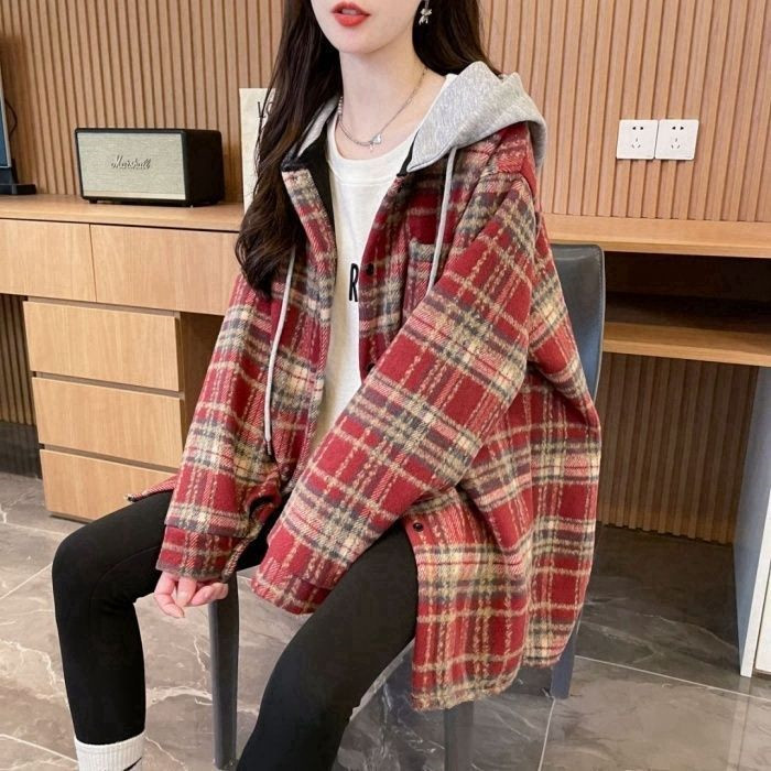 复古格子衬衫女秋冬新款大码宽松中长款休闲连帽格纹衬衣外套上衣