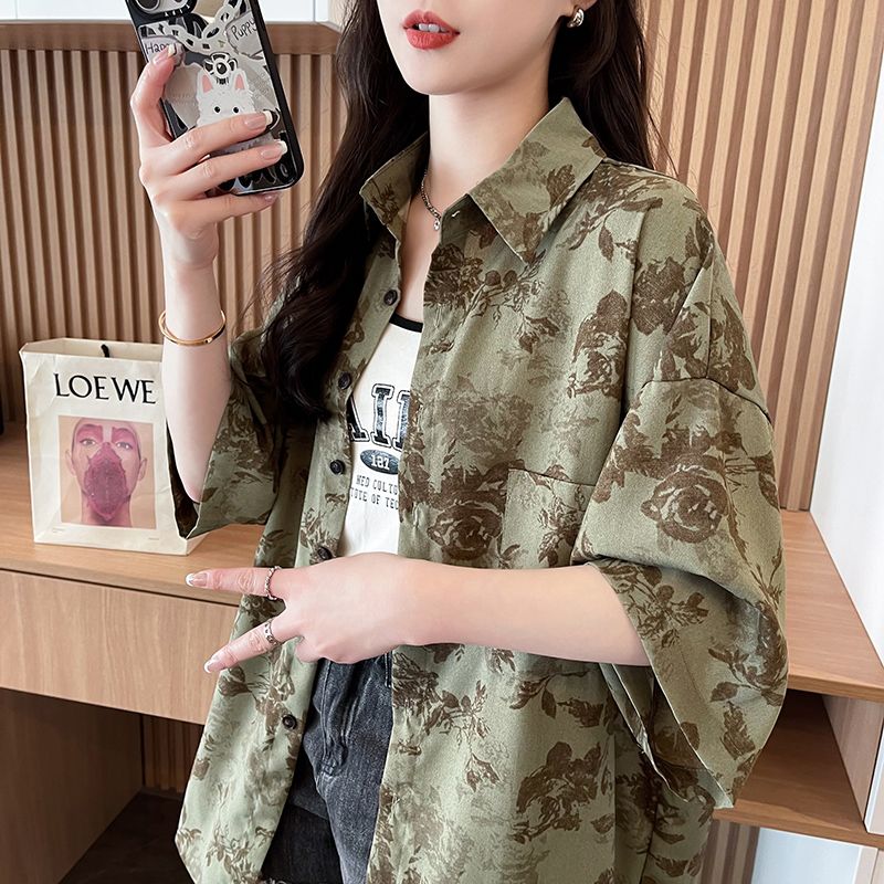 美式复古短袖防晒衬衫女夏季新款大码宽松慵懒风翻领外搭开衫上衣