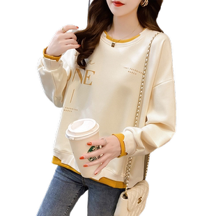 2024春秋新款大码女装长袖t恤女宽松假两件上衣薄款遮肚加绒卫衣