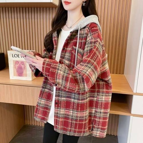 复古格子衬衫女秋冬新款韩版大码宽松中长款减龄连帽衬衣外套上衣