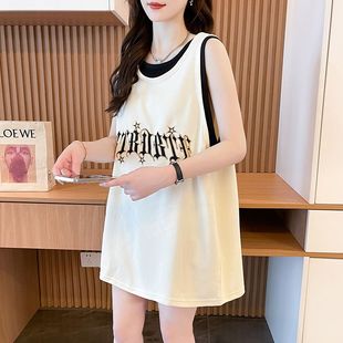 百搭运动宽松上衣 大码 纯棉美式 高街撞色假两件背心t恤女夏季 新款