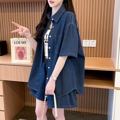 大码女装牛仔衬衫短裤运动套装女夏季2025新款时尚宽松休闲两件套