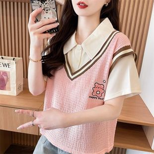 小个子polo领短袖t恤女夏季韩版宽松假两件初中高中学生百搭上衣