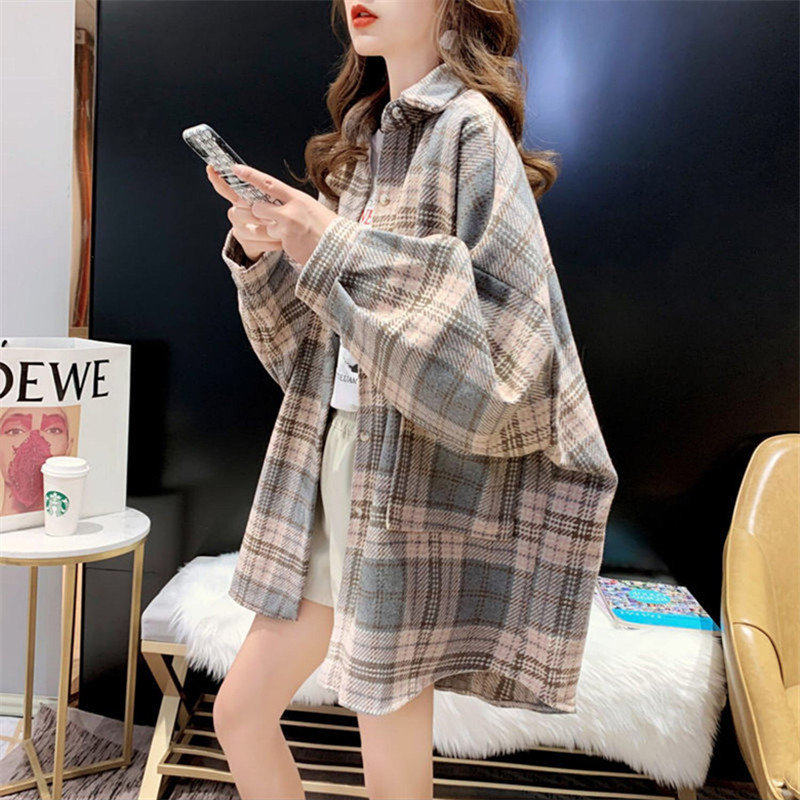 加厚磨毛格子衬衫女秋冬新款复古港味大码宽松百搭衬衣毛呢外套潮