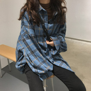 磨毛格子衬衫女秋冬2022新款复古港味大码宽松休闲百搭外套上衣潮