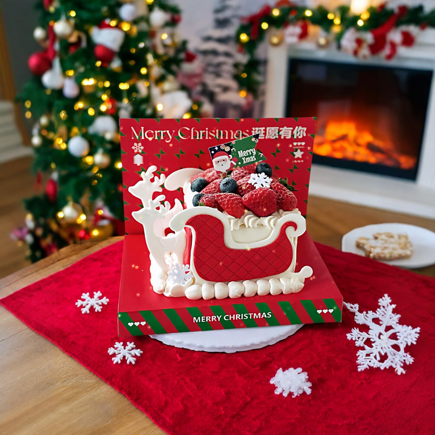 圣诞节雪橇蛋糕装饰翻糖成品软质巧克力摆件小鹿圣诞雪花食用插件