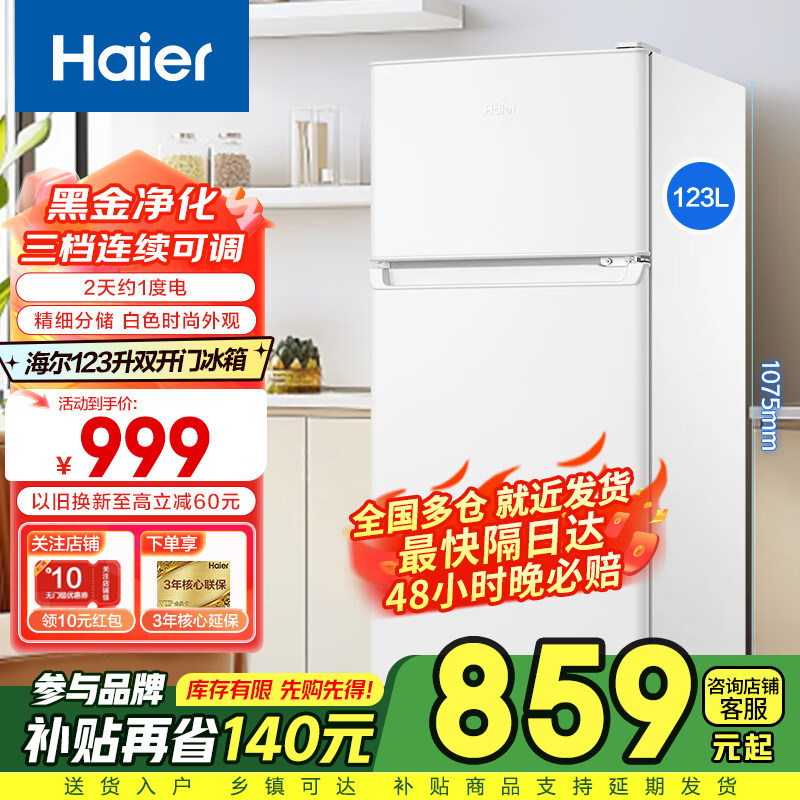 海尔小冰箱182升双门迷你冷藏冷冻123升家用节能小型宿舍官方旗舰