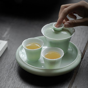 草木祠豆青葵口盖碗陶瓷手工盖碗敬茶碗泡茶器大茶杯功夫茶具家用