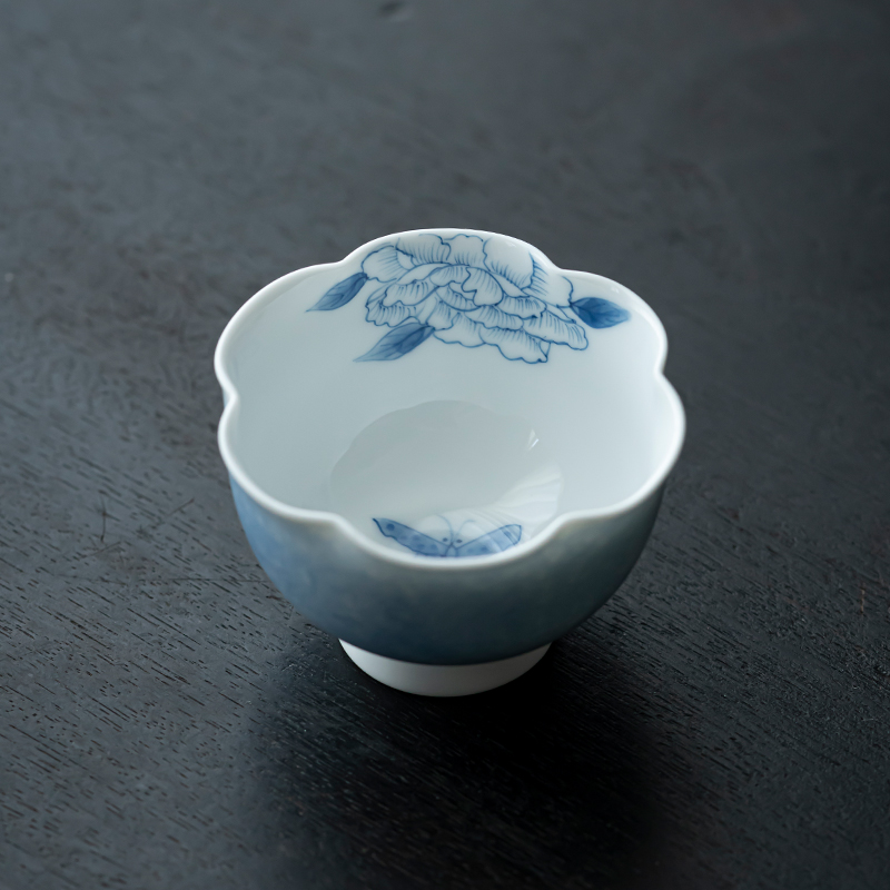 草木祠 陶瓷手绘牡丹茶杯品茗杯 花口杯功夫茶具高档主人杯个人杯