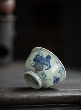 草木祠 仿古青花寿桃狮子绣球茶杯品茗杯主人杯个人客杯陶瓷茶具