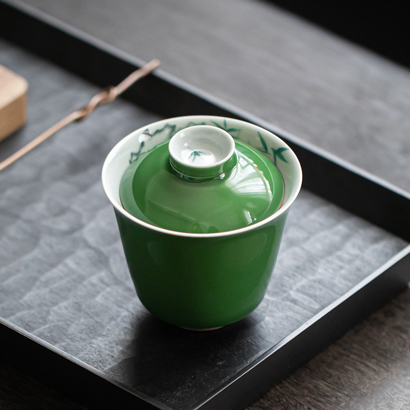松花绿手绘盖碗茶杯茶具