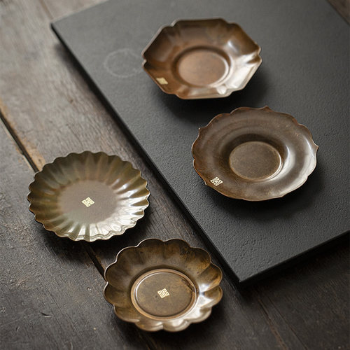 草木祠 手工黄铜花瓣杯垫中式复古隔热垫茶盏杯托茶托茶道配件