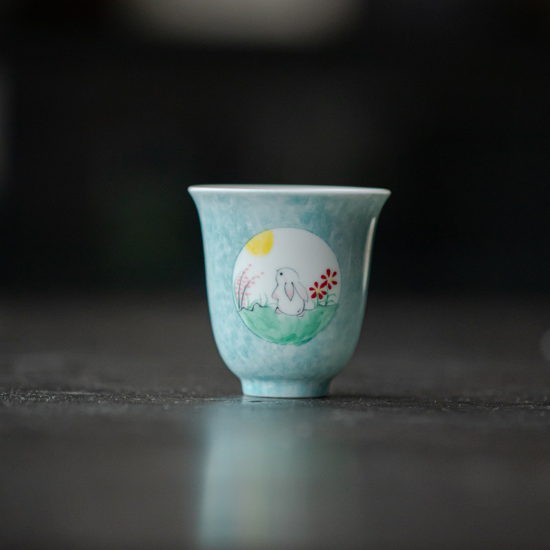草木祠 洒蓝手绘家用玉兔望月品茗杯中式复古陶瓷个人专用杯茶杯