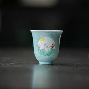 洒蓝手绘家用玉兔望月品茗杯中式 草木祠 复古陶瓷个人专用杯茶杯