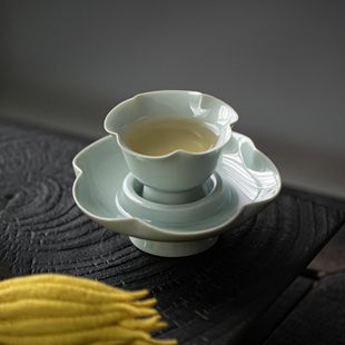 草木祠手工花型主人杯套杯杯垫青瓷茶杯高足品茗杯复古功夫茶具