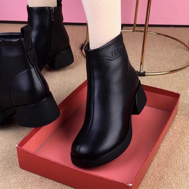 2025冬季新款头层牛皮粗跟真皮女鞋软底羊毛马丁靴加绒保暖短靴子