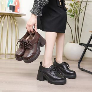 春秋圆头系带松糕底英伦风厚底乐福鞋女女鞋中跟单鞋黑色小皮鞋女