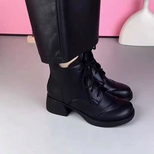 头层牛皮2025秋冬新款 软底软面马丁靴妈妈靴百搭粗跟轻便舒适短靴