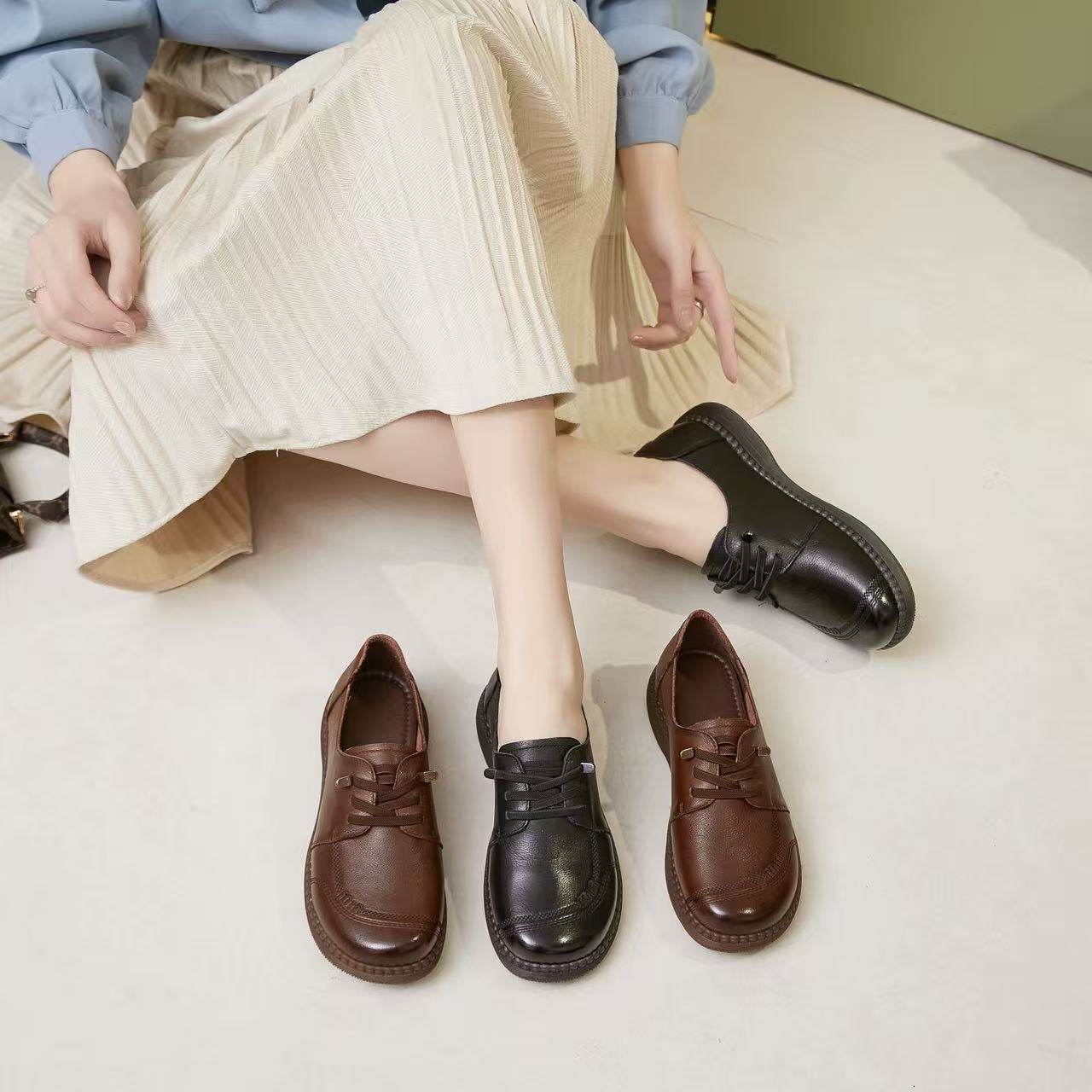 2026春季新款真牛皮百搭平底乐福鞋女一脚蹬鞋子休闲妈妈鞋小皮鞋,女鞋,深口单鞋,淘宝优惠券,粉丝福利购,淘宝优惠卷