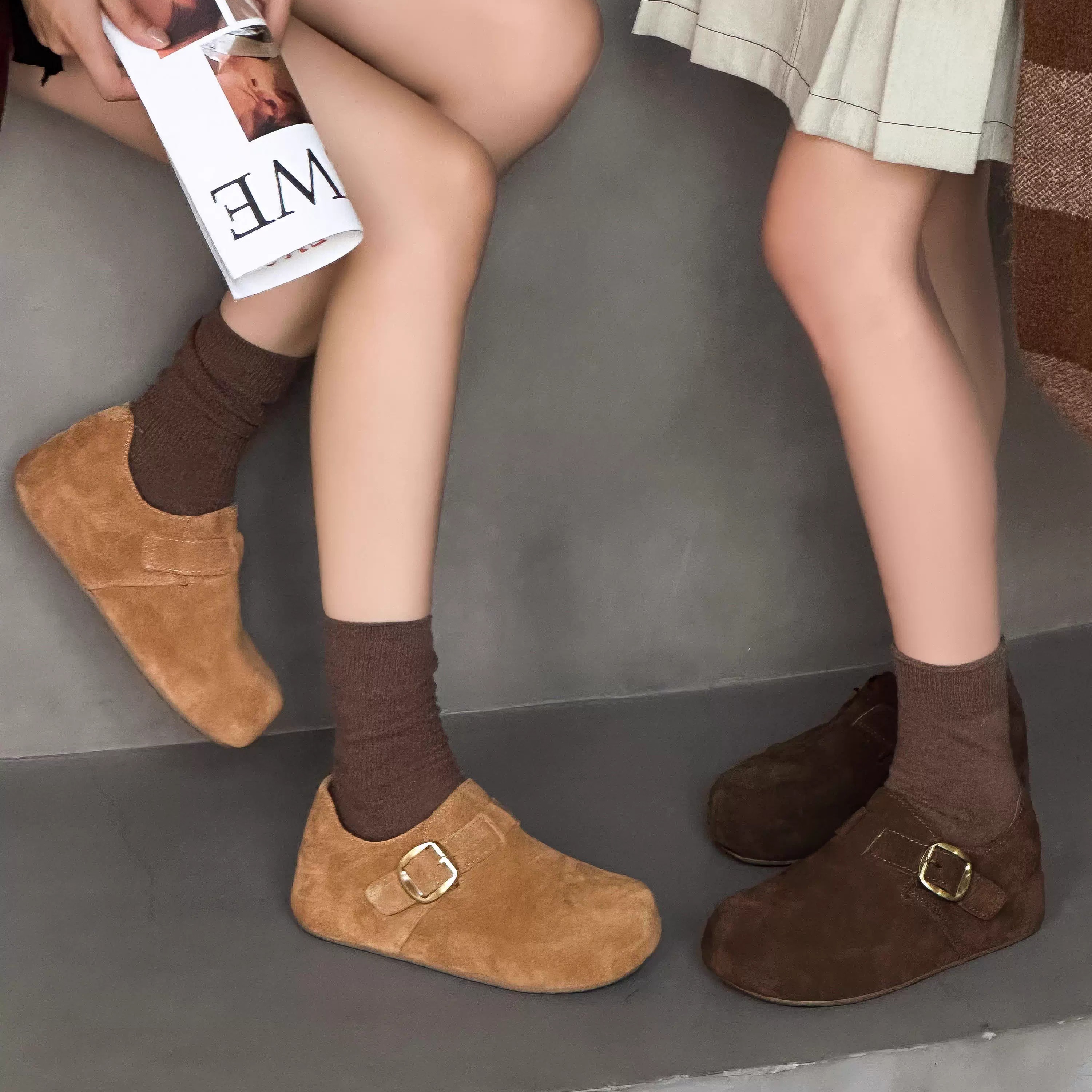 2025新款加绒真皮厚底雪地靴保暖全包勃肯鞋女冬一脚蹬毛毛女棉鞋