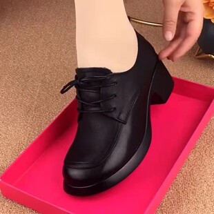 舒适防滑软底粗跟单鞋 中跟女鞋 圆头系带英伦时尚 新款 真皮2024春季