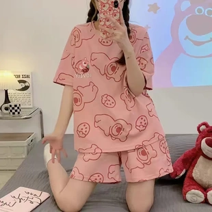 家居服两件套夏季 睡衣女韩版 甜美可爱圆领宽松大码 短袖 可外穿 短裤