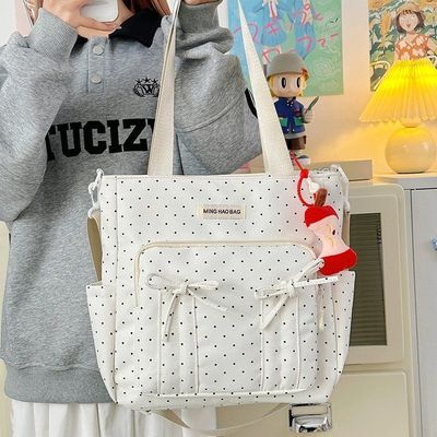 小众波点托特包单肩可爱斜挎包上课蝴蝶结大容量女手提通勤补课包
