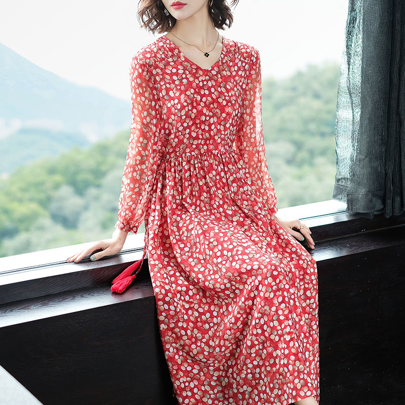 重磅真丝连衣裙女2025春夏新款长袖桑蚕丝波点印花修身显瘦长裙子