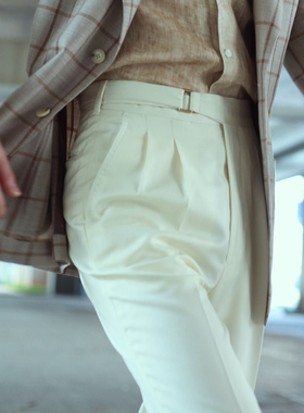 NHO2男士定制春夏季抗皱双褶纯白色羊毛高腰西裤那不勒斯直筒长裤