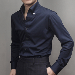 商务正装 NHO2定制男士 新疆长绒棉海军蓝半开襟休闲夏季 长短袖 衬衫
