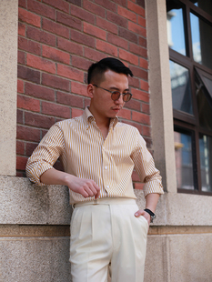 上衣百搭尖领扣领长袖 衬衣 男商务休闲定制修身 春夏一片领条纹衬衫