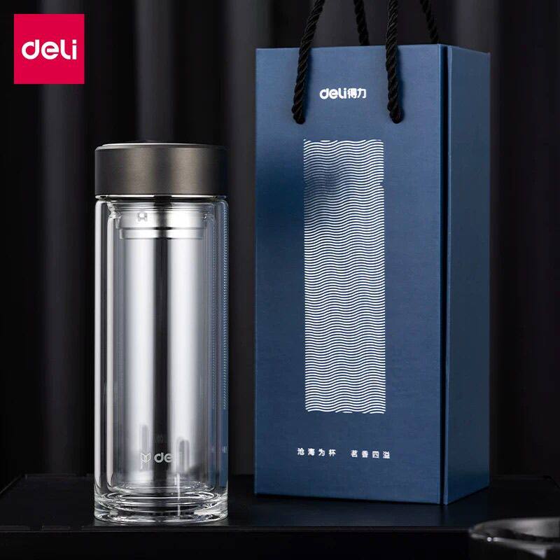 得力LL501/LL502/LL508玻璃杯双层隔热过滤隔网商务水杯送礼茶杯
