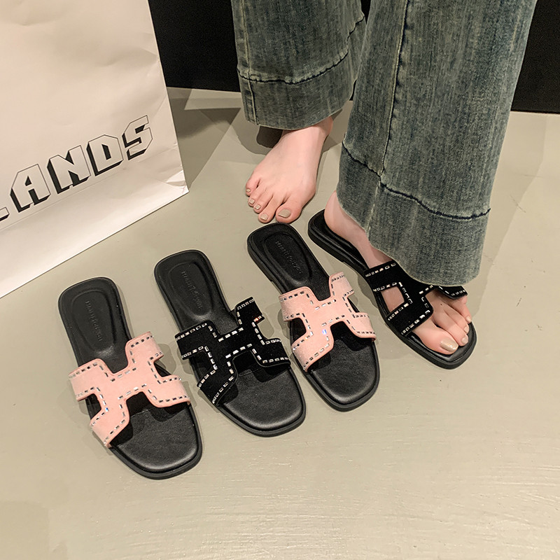 大码女鞋41一43胖脚宽肥平底一字拖鞋女夏外穿仙女风方头水钻凉拖,女鞋,一字拖,淘宝优惠券,粉丝福利购,淘宝优惠卷