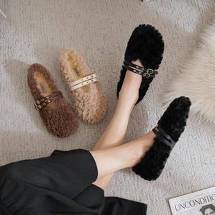 复古气质玛丽珍毛毛鞋 大码 女法式 女鞋 41一43胖脚宽肥羊羔毛豆豆鞋