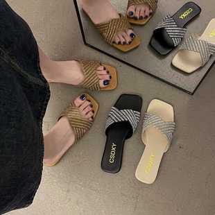 女仙女风配裙子气质凉拖 大码 女鞋 41一43法式 水钻平底方头一字拖鞋