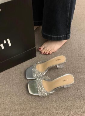 大码女鞋41一43胖脚宽肥透明水晶跟法式小凉拖鞋女气质中高跟凉鞋