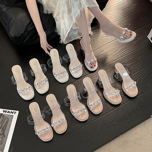 仙女风水晶高跟鞋 胖脚宽肥大码 女时尚 女鞋 41一43粗跟水钻一字拖鞋