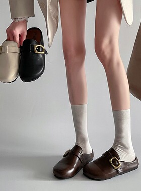 大码女鞋41一43胖脚宽包头半拖鞋女时尚懒人一脚蹬平底复古勃肯鞋