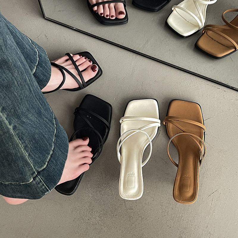 大码女鞋41一43胖脚宽肥仙女风气质方头细跟凉拖女一字带高跟凉拖,女鞋,一字拖,淘宝优惠券,粉丝福利购,淘宝优惠卷