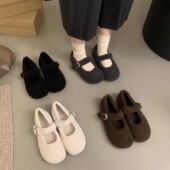 大码 女百搭仙女风玛丽珍豆豆鞋 女鞋 41到43胖脚宽肥厚底加绒毛毛鞋