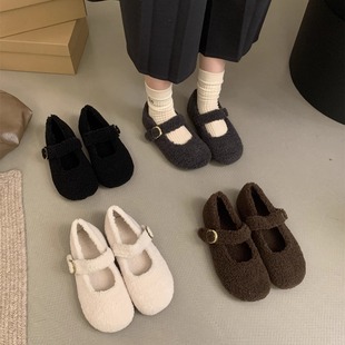 女百搭仙女风玛丽珍豆豆鞋 41到43胖脚宽肥厚底加绒毛毛鞋 女鞋 大码
