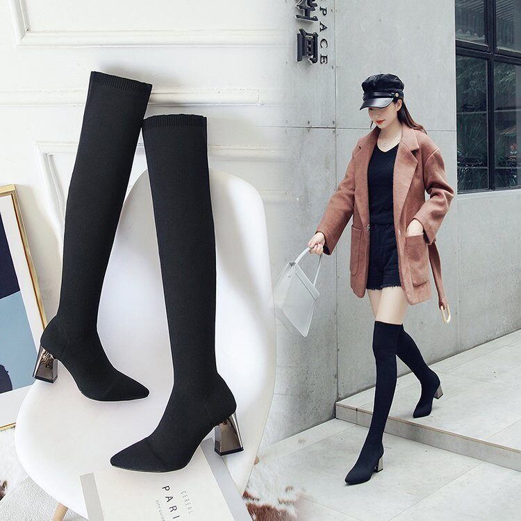 LARGE SIZE WOMENS SHOES 41-43 KNITTED SOCKS BOOTS FAT MM THICK LEG TUBE BLOCK HEEL BOOTS OVER-THE-KNEE BOOTS STRETCH HIGH BOOTS