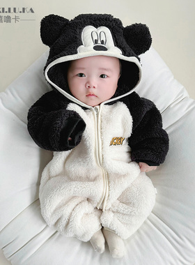 童装婴幼儿童北美绒棉连体衣米奇冬季保暖可爱连帽宝宝哈衣爬服
