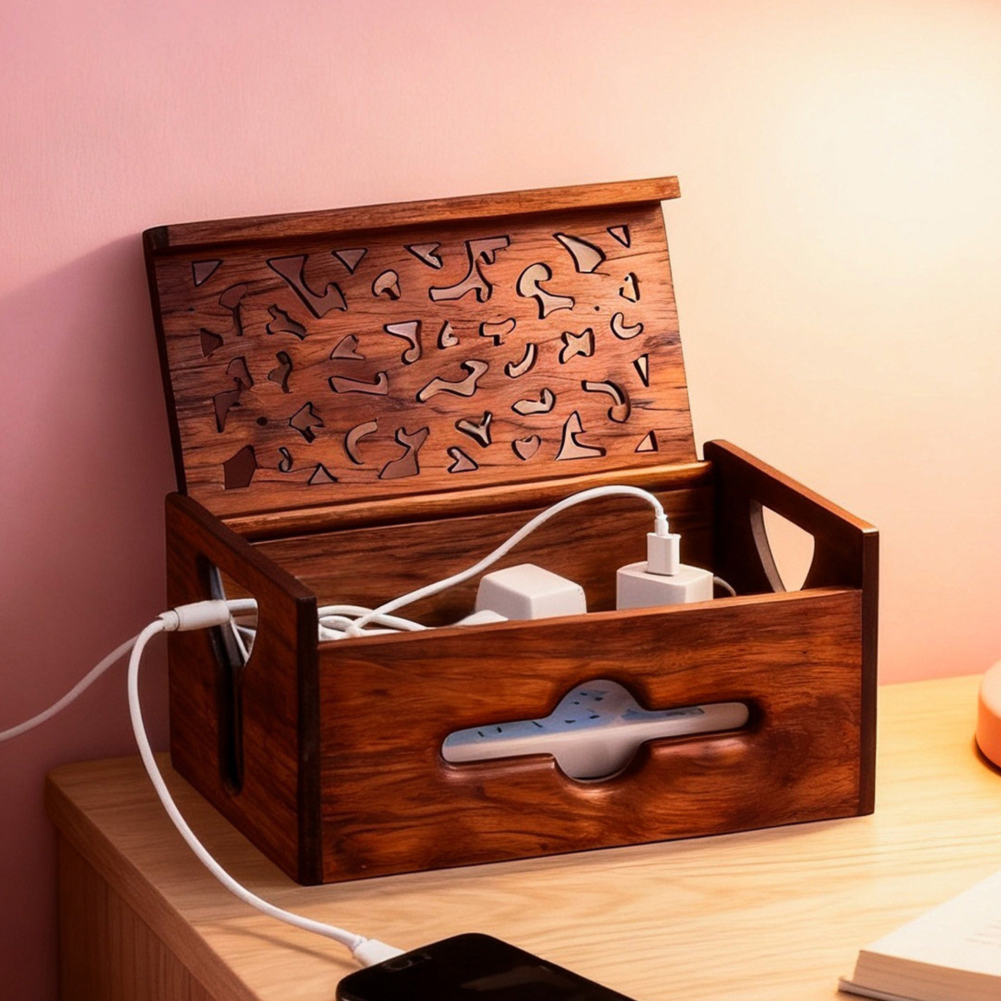 泰国进口实木电线收纳盒插座电线电源线整理盒路由器插排集线盒子