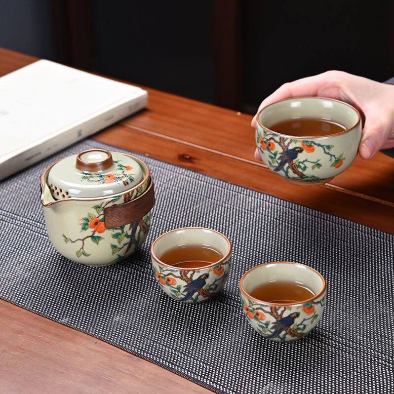 新款旅行茶具汝窑轻奢户外便携式旅行防烫精致一壶三杯小套装旅游