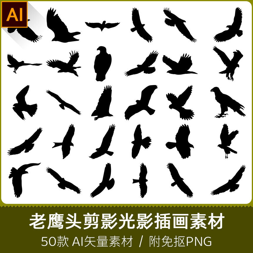雕老鹰鹘展翅野生动物飞行鸟类手绘剪纸印花剪影光影插画海报设计