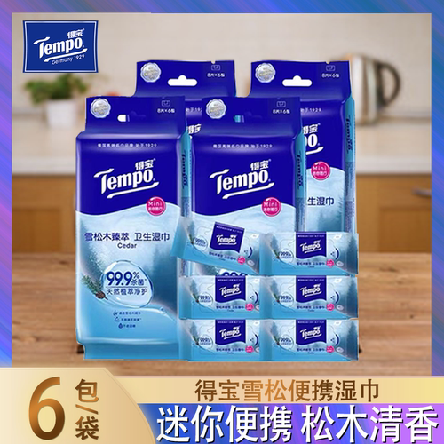 Tempo得宝迷你湿巾6包装便携松木清香卫生湿纸巾迷你便携无酒精