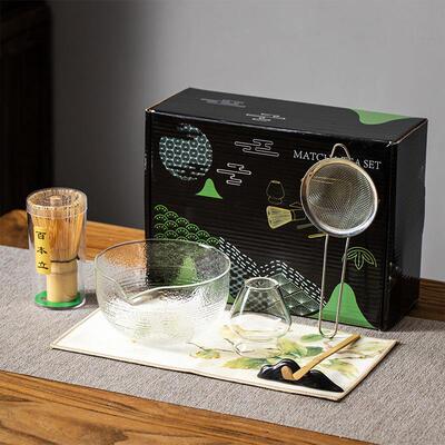 日式玻璃锤纹抹茶碗茶筅7件套