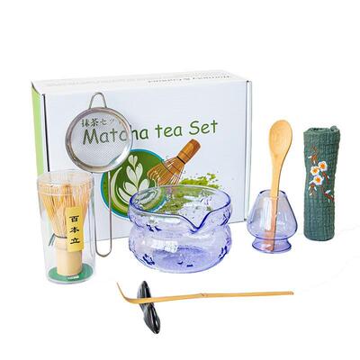 跨境日式玻璃抹茶碗7件套透明百本立抹茶具套装打蛋器抹茶工具
