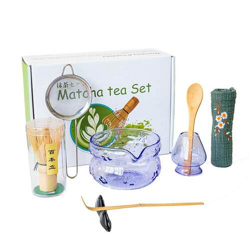 跨境日式玻璃抹茶碗7件套透明百本立抹茶具套装打蛋器抹茶工具